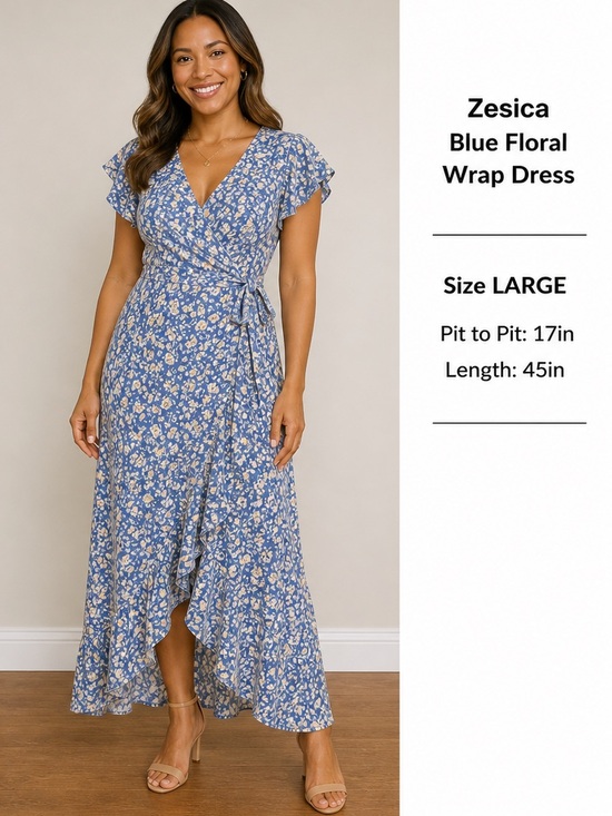 Zesica Dresses & Skirts - Zesica Blue Floral wrap Dress LARGE pit to pit 17in length 45in